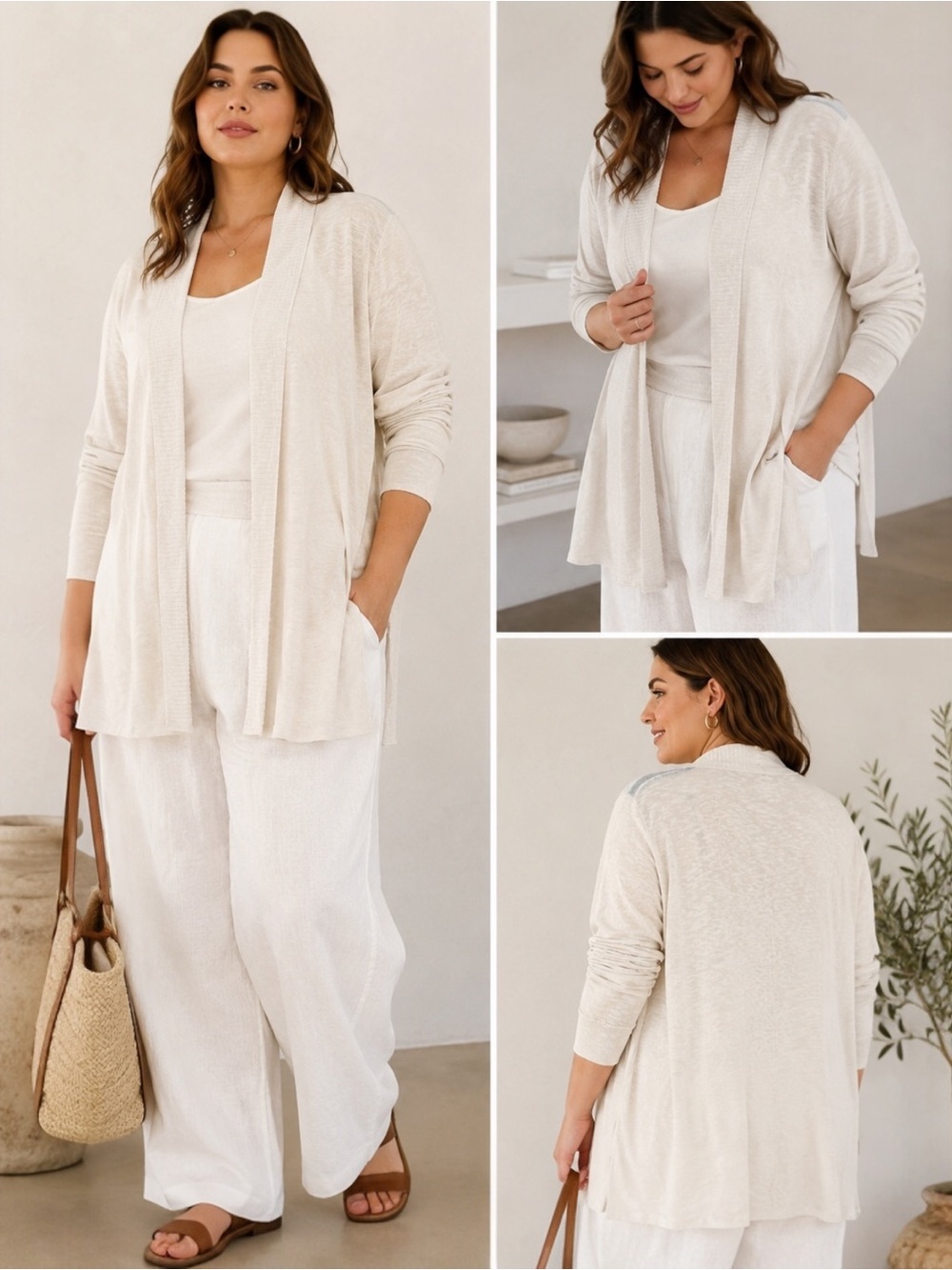 Eileen Fisher Woman 1X Ivory Linen Cotton Open Front Cardigan Sweater